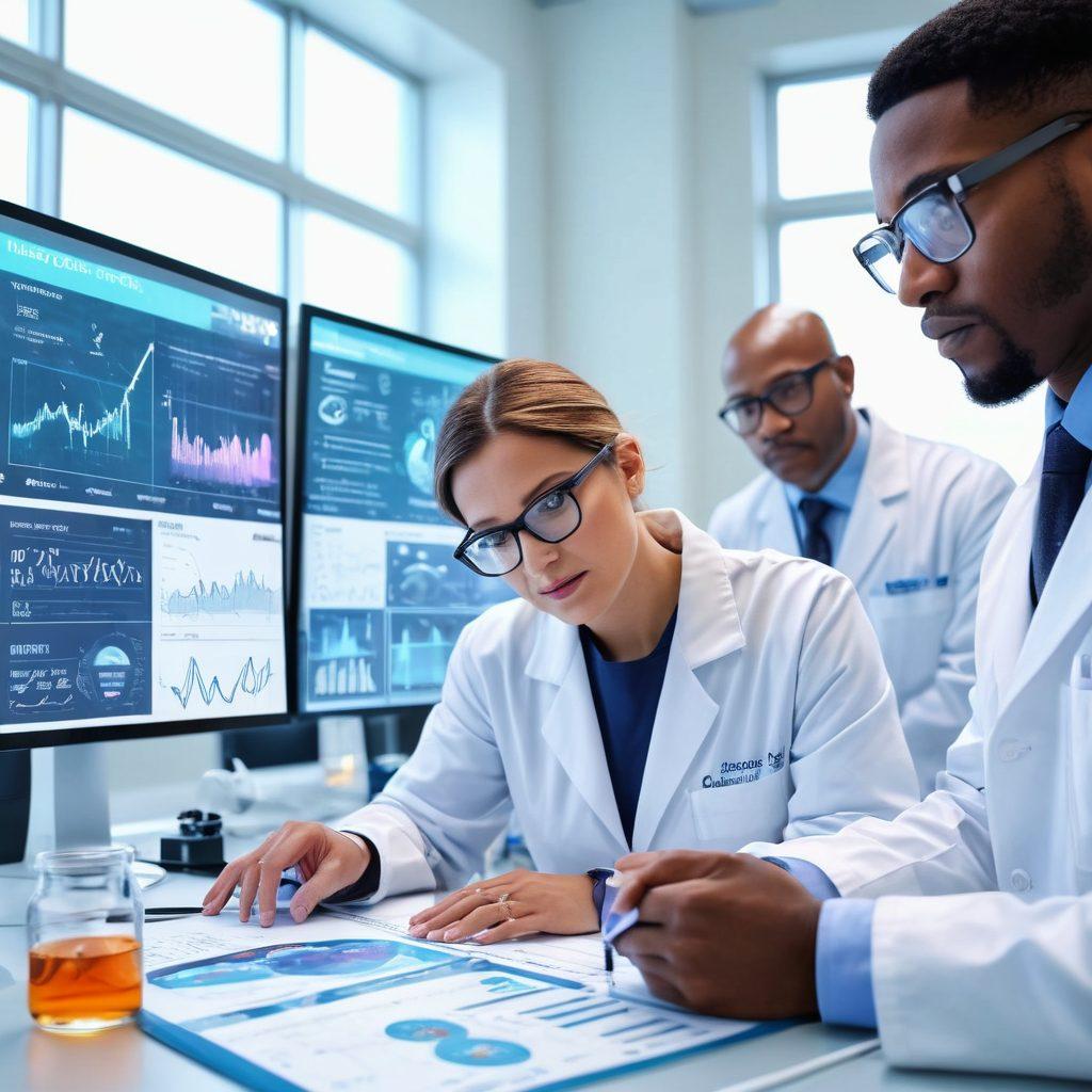 An inspiring scene showcasing a team of diverse scientists collaborating in a modern laboratory filled with advanced cancer research equipment. Include glowing DNA strands and digital displays illustrating breakthroughs in treatment. Add a backdrop of charts and graphs indicating progress against cancer, symbolizing hope and innovation. The atmosphere should be bright and uplifting, reflecting a future full of potential. super-realistic. vibrant colors. white background.