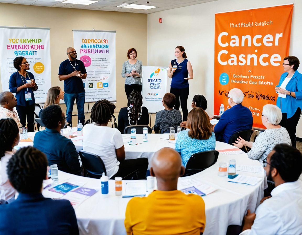 A vibrant community gathering, where diverse individuals of all ages engage in lively discussions about cancer awareness, surrounded by informational banners and support resources. In the center, a local researcher presents findings, while attendees share personal stories, creating a blend of hope and collaboration. The scene radiates positivity and empowerment. super-realistic. vibrant colors. white background.
