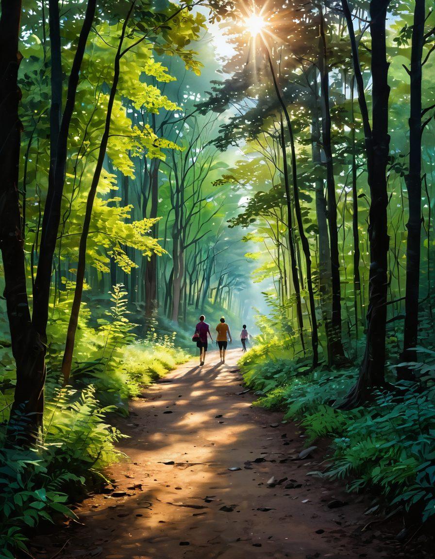A serene path winding through a lush forest, symbolizing hope and resilience, with soft sunlight filtering through the trees. Include silhouettes of diverse people walking together, sharing stories, with faint outlines of cancer-related symbols subtly integrated into the landscape. The atmosphere evokes warmth and inspiration, highlighting unity in the face of struggles. painting. vibrant colors. soft focus.